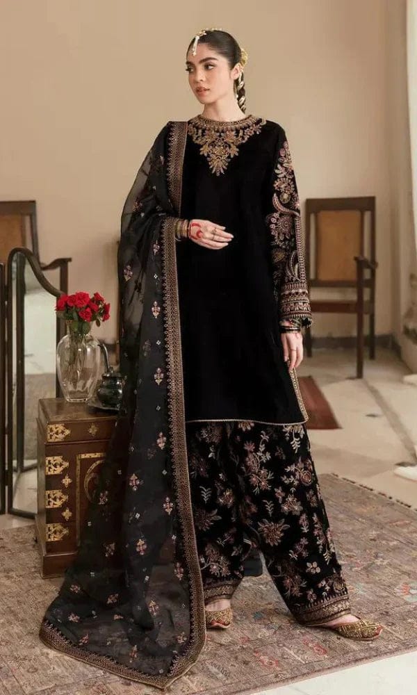 Baroque Velvet Embroidered 3pc with Net Dupatta - Design 02