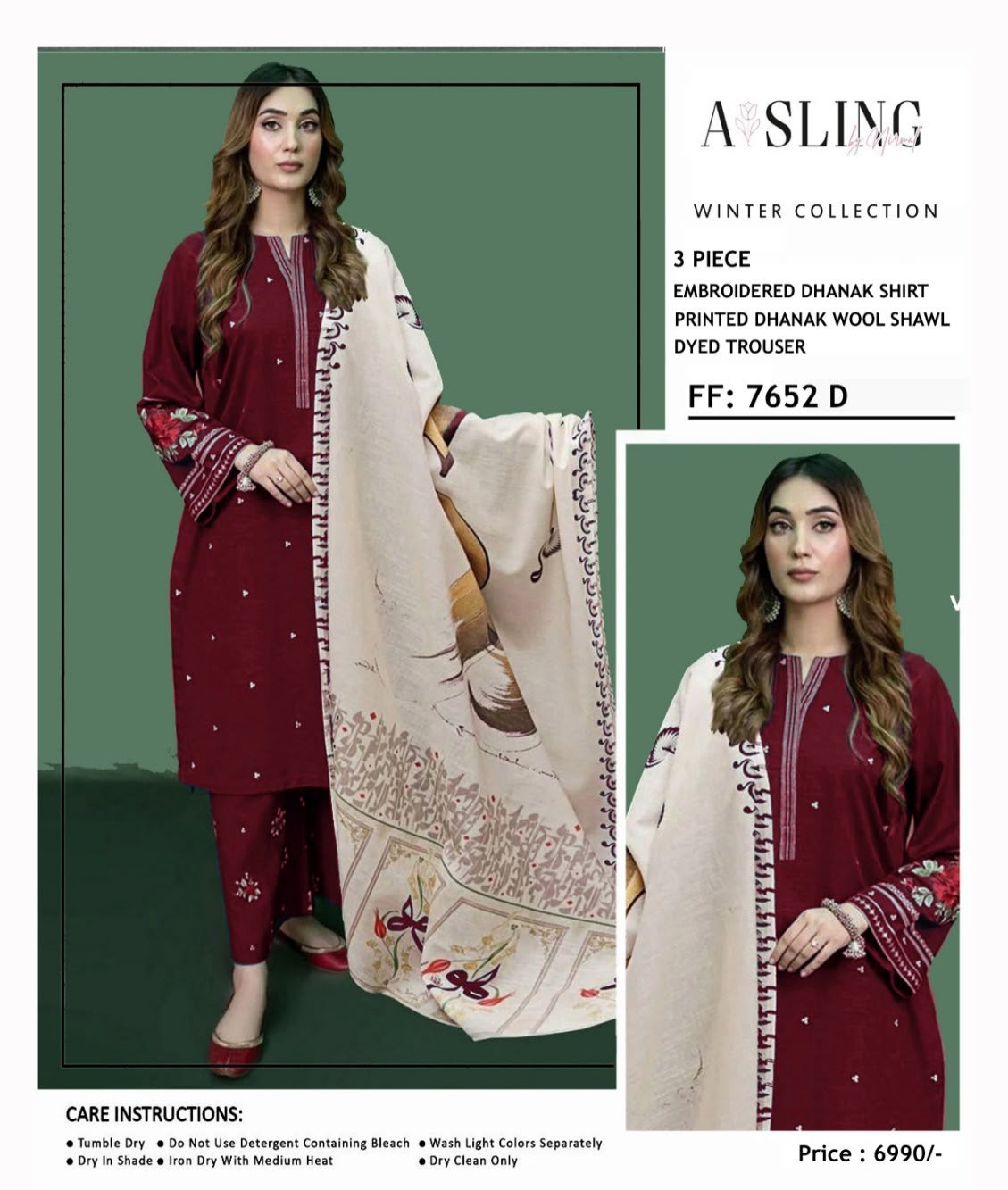 Asling 7652 Dhanak Embroidered with Wool Shawl - Design 02