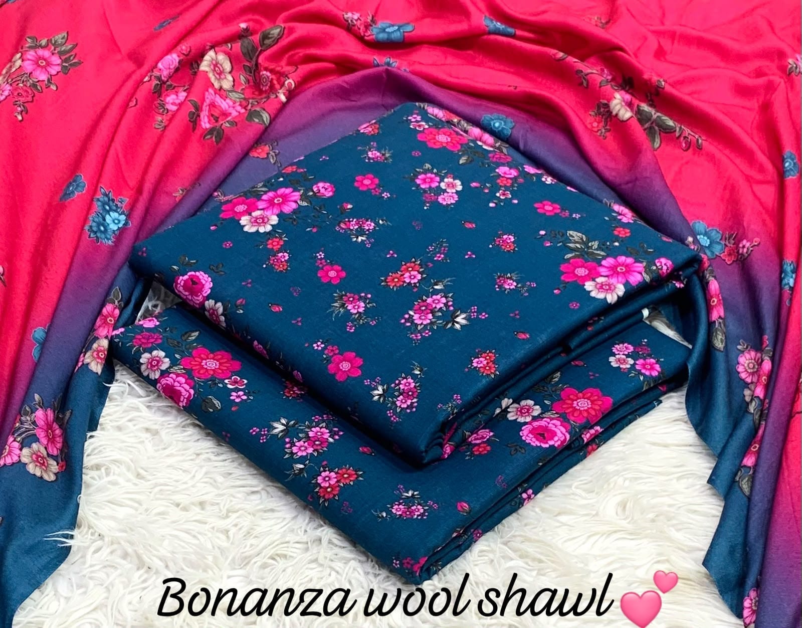 BONANZA KHADDAR WITH BUMBLE WOOL SHAWL 3PC - TEAL PINK