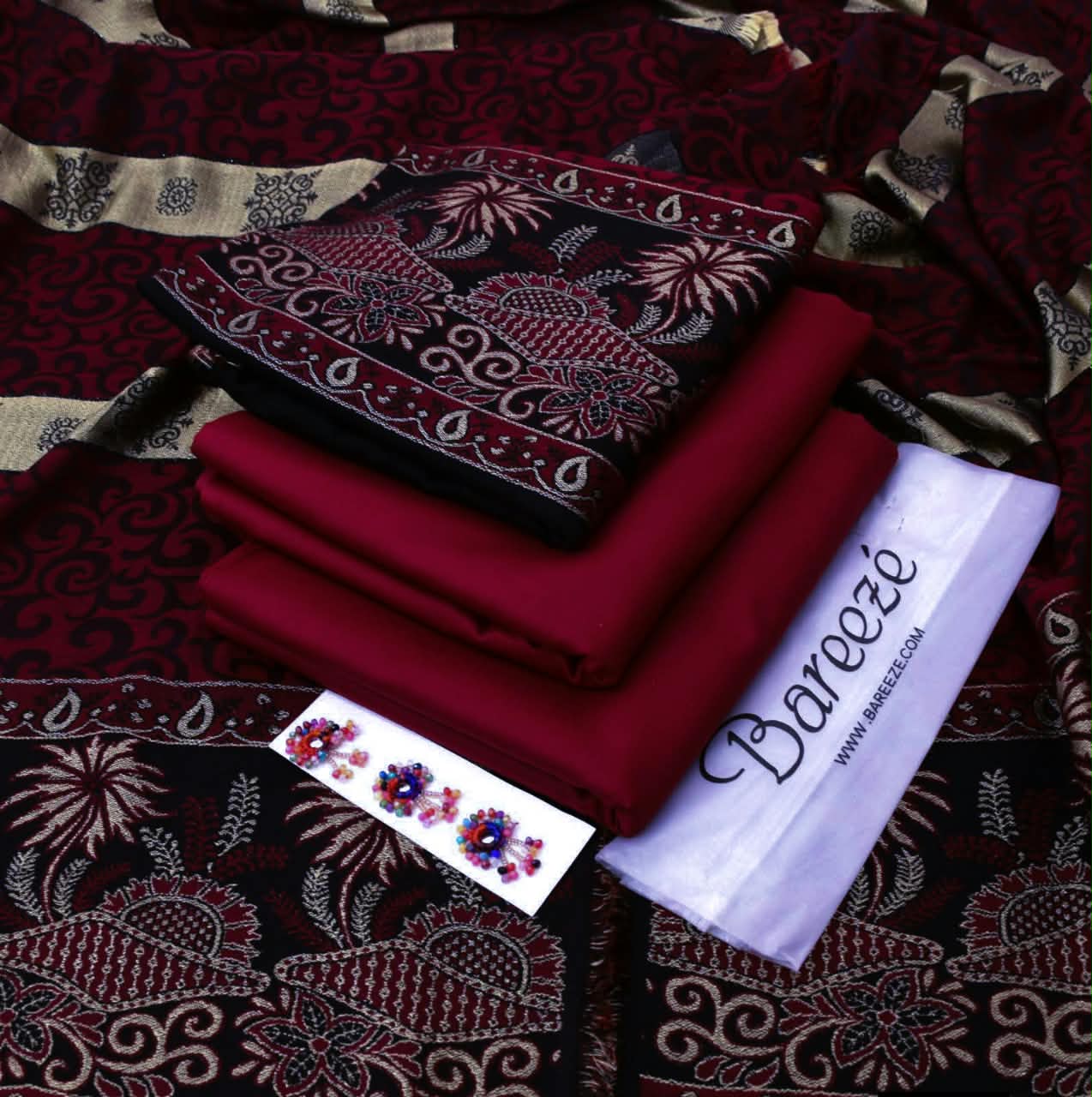 DHANAK MARINA 3PC WITH JACQUARD PASHMINA 3D SHAWL - MAROON