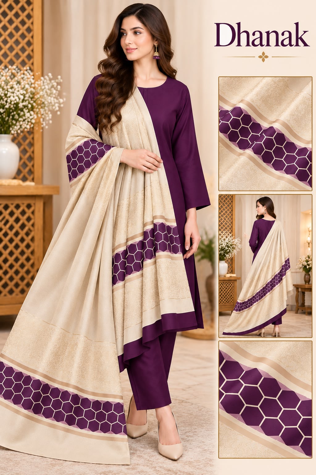 DHANAK MARINA WITH BANARSI JACQUARD PASHMINA SHAWL 3PC - PURPLE