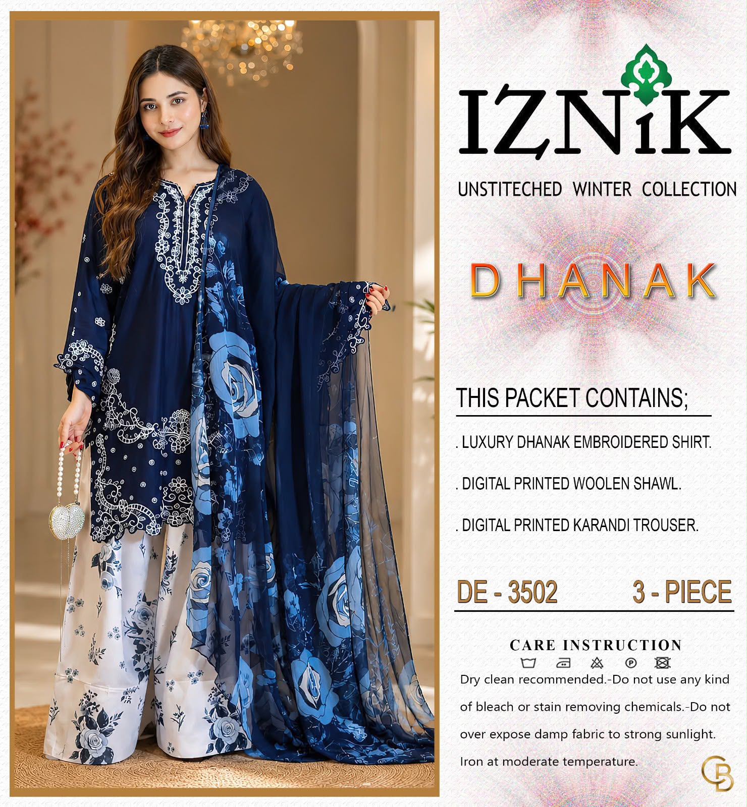 Iznik Dhanak Chikankari Embroidered 3PC Suit D#3502 - DESIGN 01