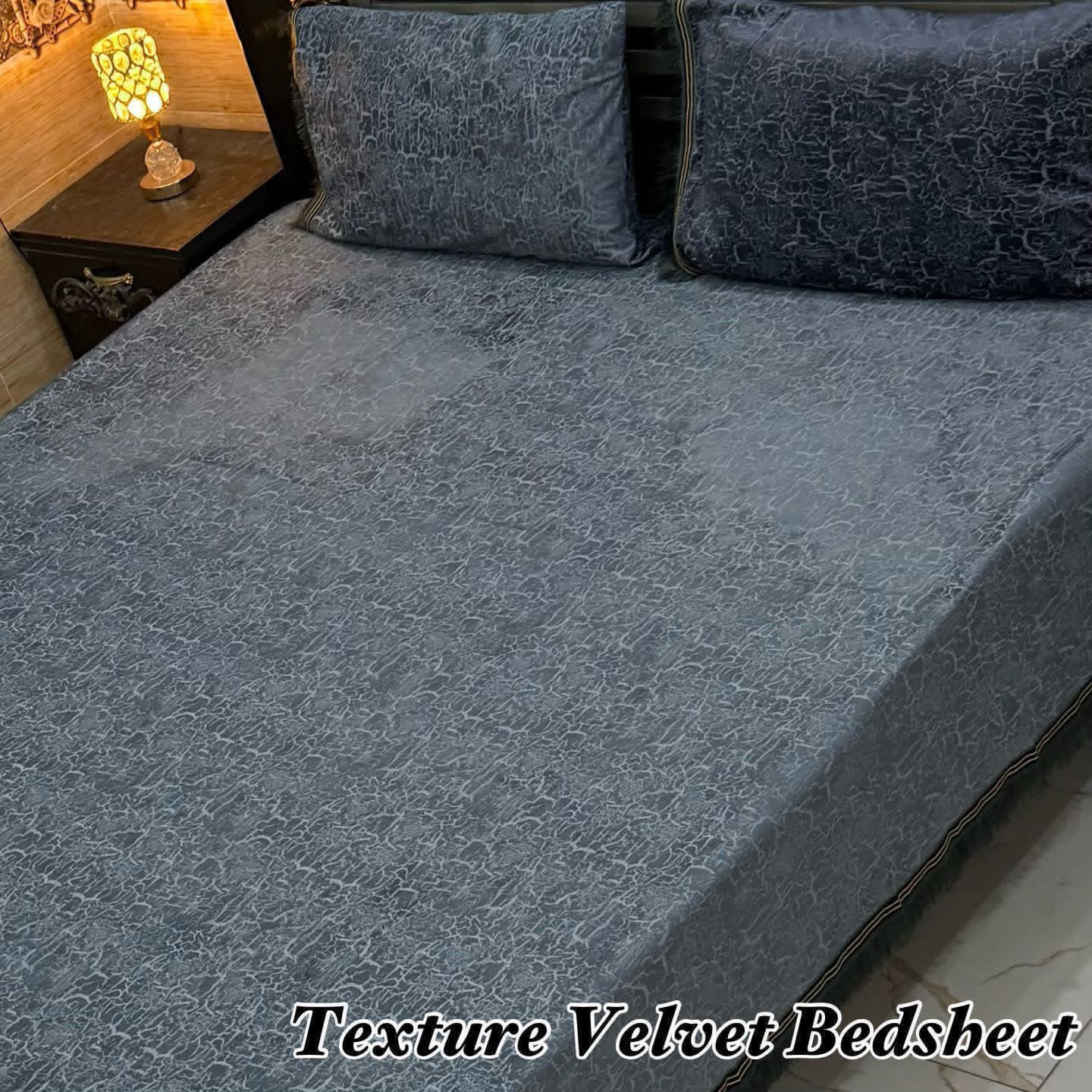 3PC TEXTURE VELVET BEDSHEET KING SIZE - STEEL BLUE