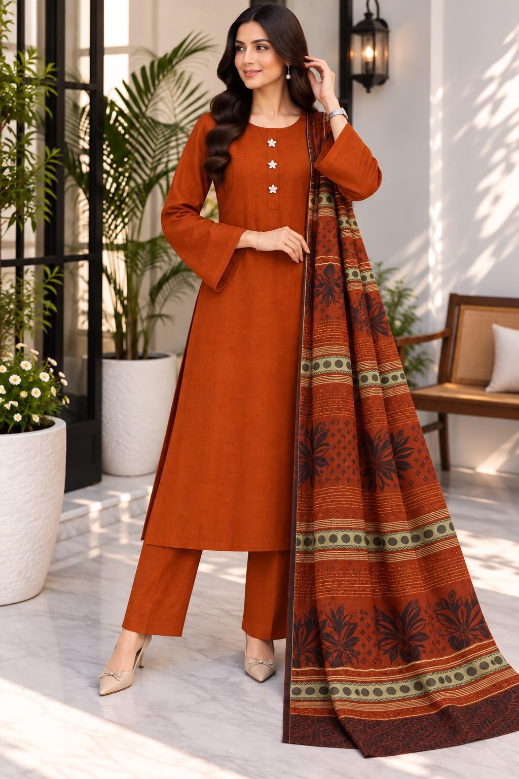 BROSHIA JACQUARD PASHMINA 3D BORDER SHAWL WITH DHANAK 3PC - ORANGE