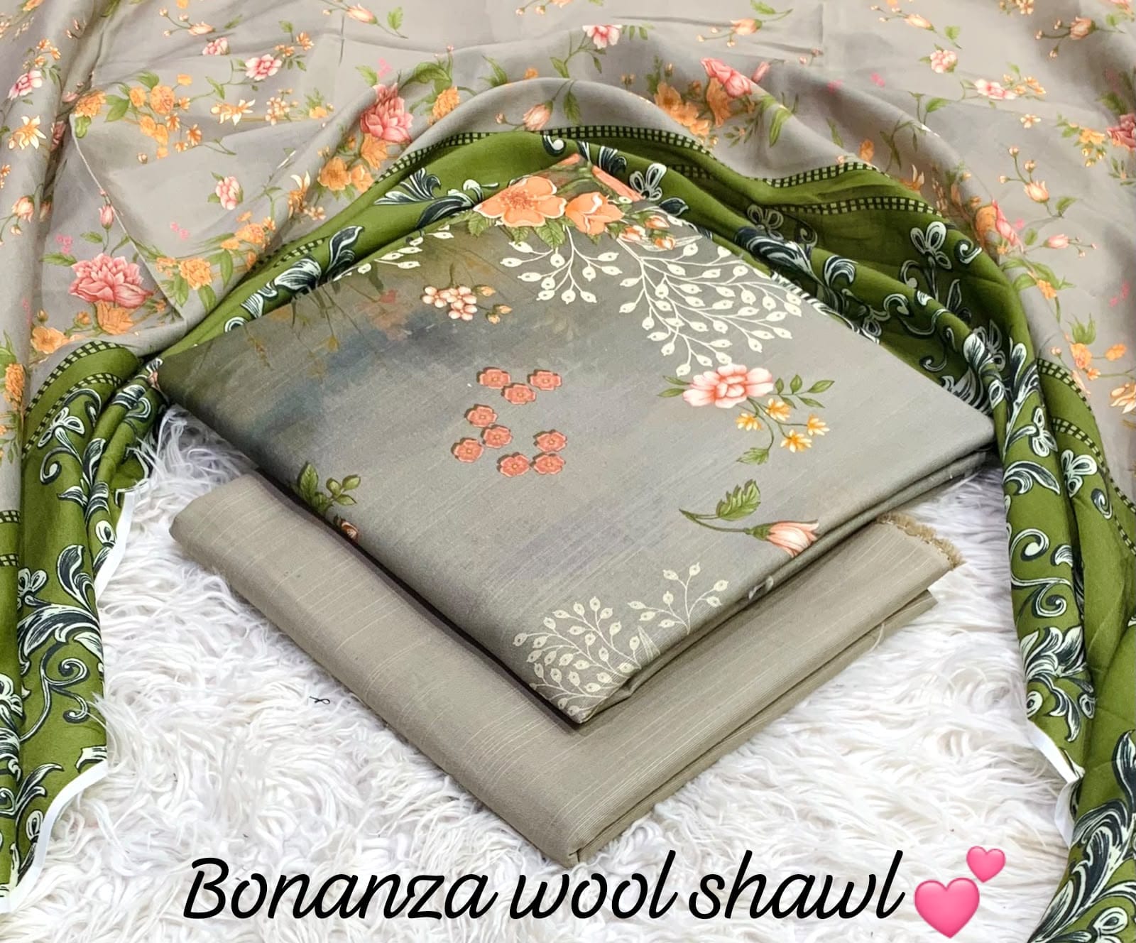 BONANZA KHADDAR WITH BUMBLE WOOL SHAWL 3PC - GREY OLIVE