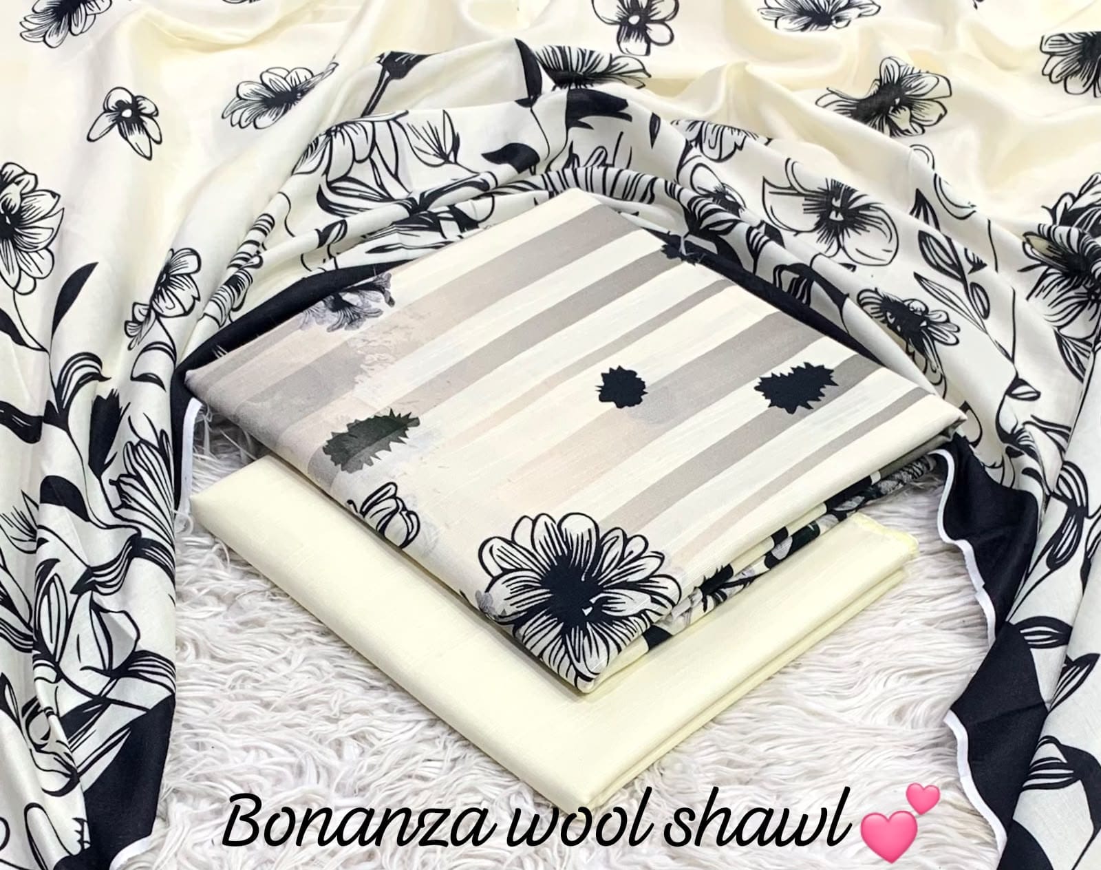 BONANZA KHADDAR WITH BUMBLE WOOL SHAWL 3PC - WHITE BLACK