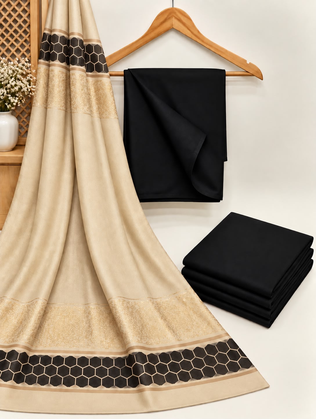 DHANAK MARINA WITH BANARSI JACQUARD PASHMINA SHAWL 3PC - BLACK