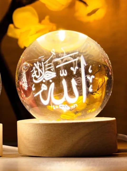 3D Crystal Ball Islamic Lamp with Wood Base