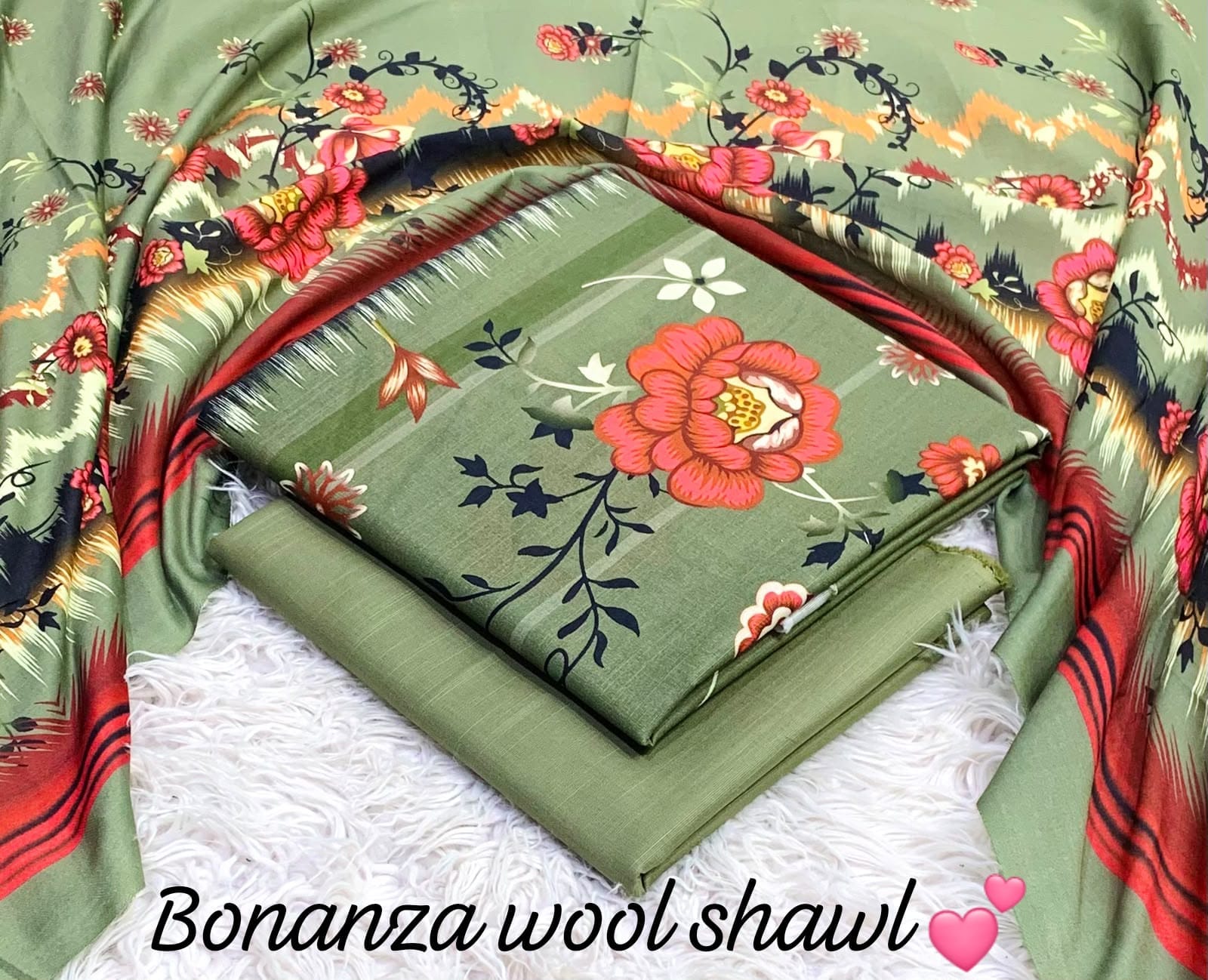 BONANZA KHADDAR WITH BUMBLE WOOL SHAWL 3PC - SAGE GREEN
