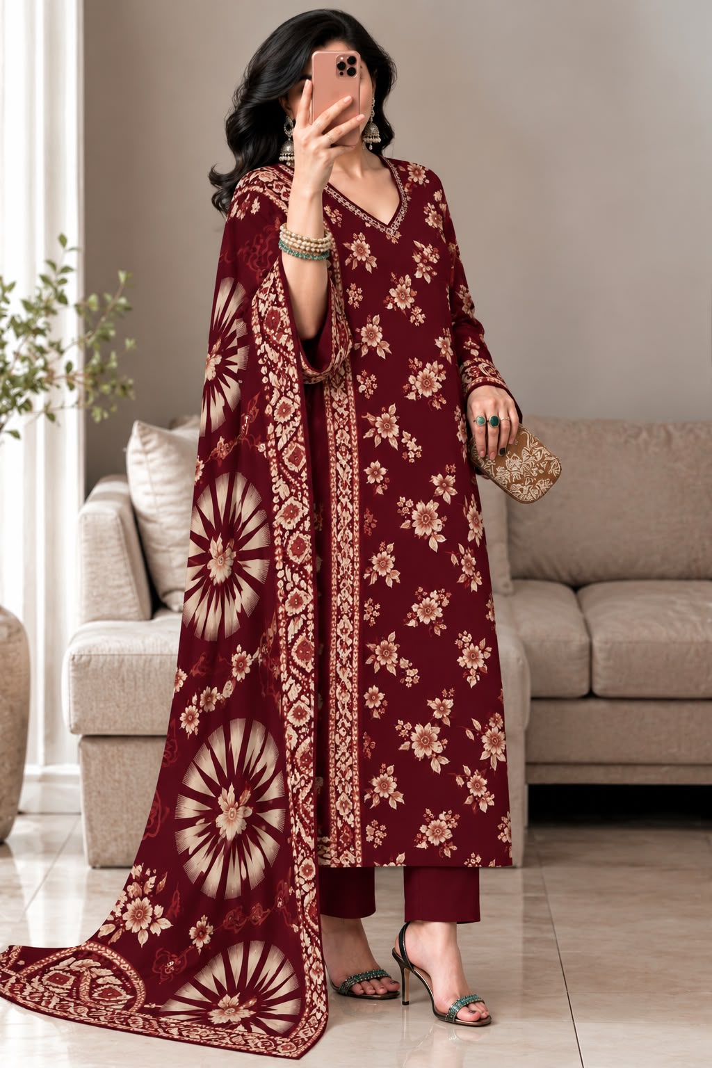 Dhanak Printed 3PC Suit - DESIGN 05