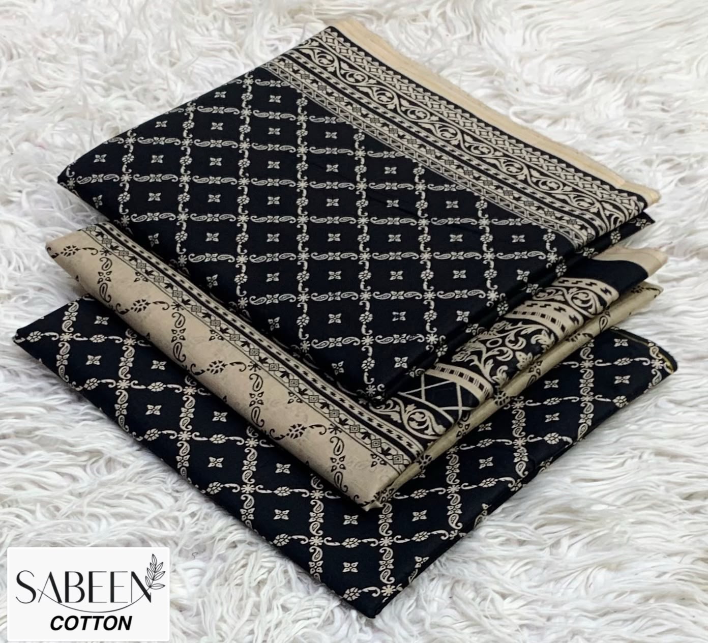 SABEEN COTTON ORIGINAL 3PC - BLACK WHITE