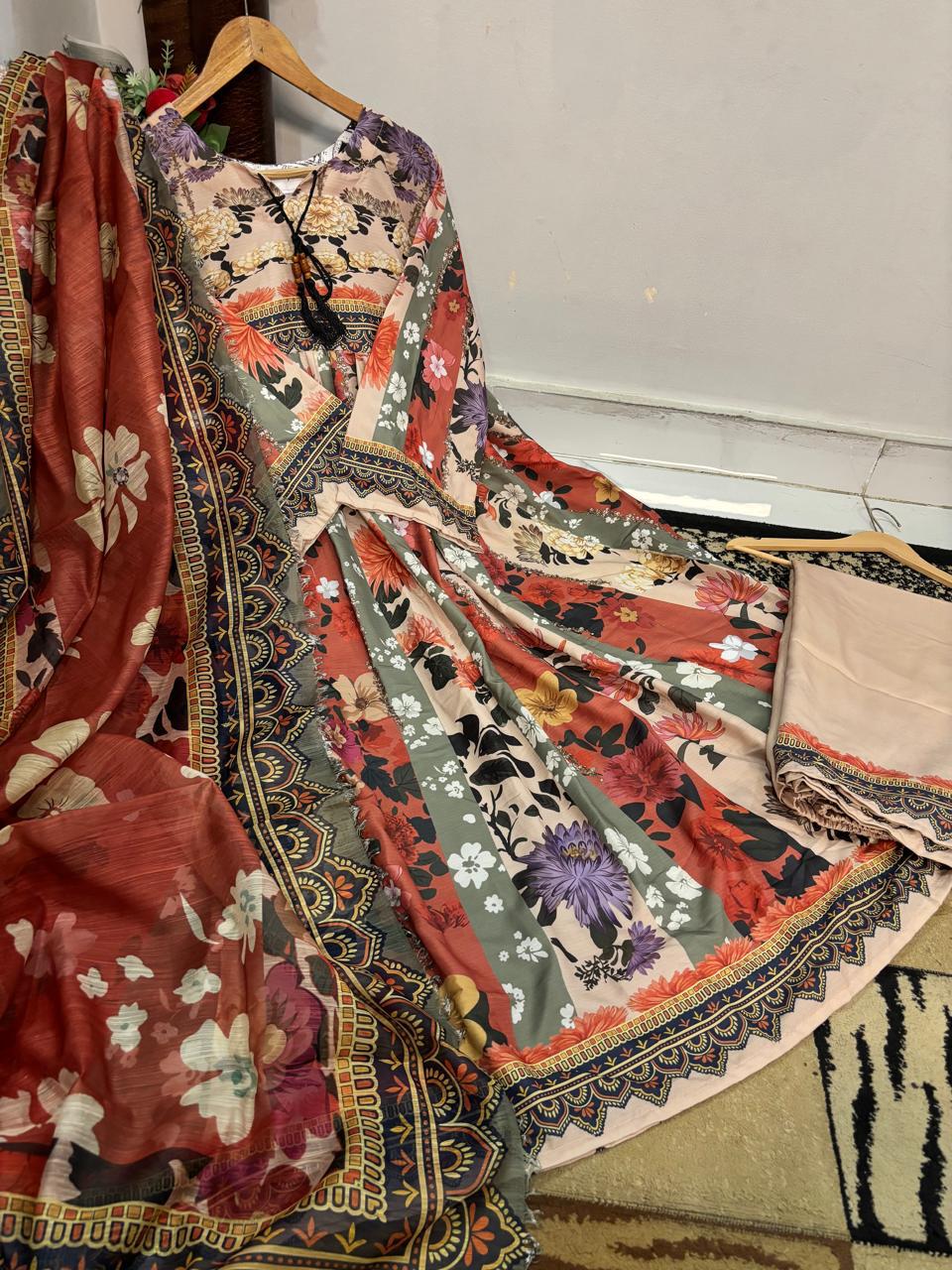 Digital Printed Doria Lawn Dori Larkan Frock 3pc - Design 04