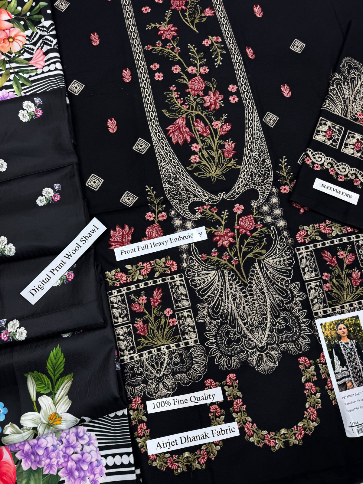 ZARA SHAHJAHAN PREMIUM AIRJET DHANAK WITH EMBROIDERY DHANAK SHAWL CODE 2223 - BLACK