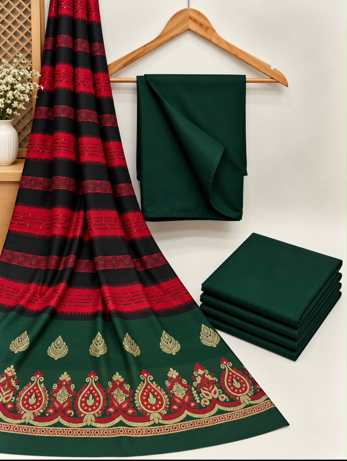 BAREEZE DHANAK 3PC WITH PASHMINA 3D WOOL SHAWL - BOTTLE GREEN