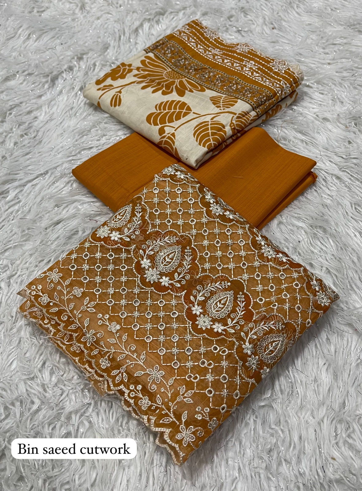 RAWAYAT BIN SAEED KHADDAR CUTWORK 3PC - MUSTARD