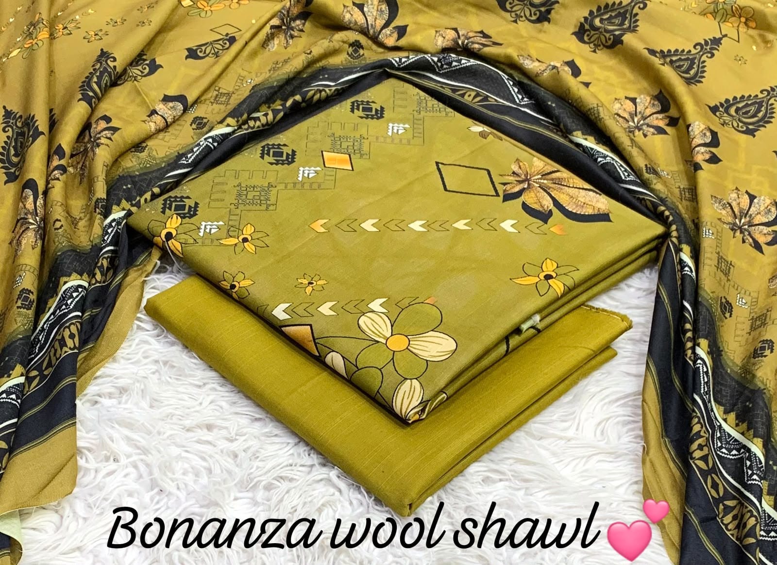 BONANZA KHADDAR WITH BUMBLE WOOL SHAWL 3PC - MUSTARD