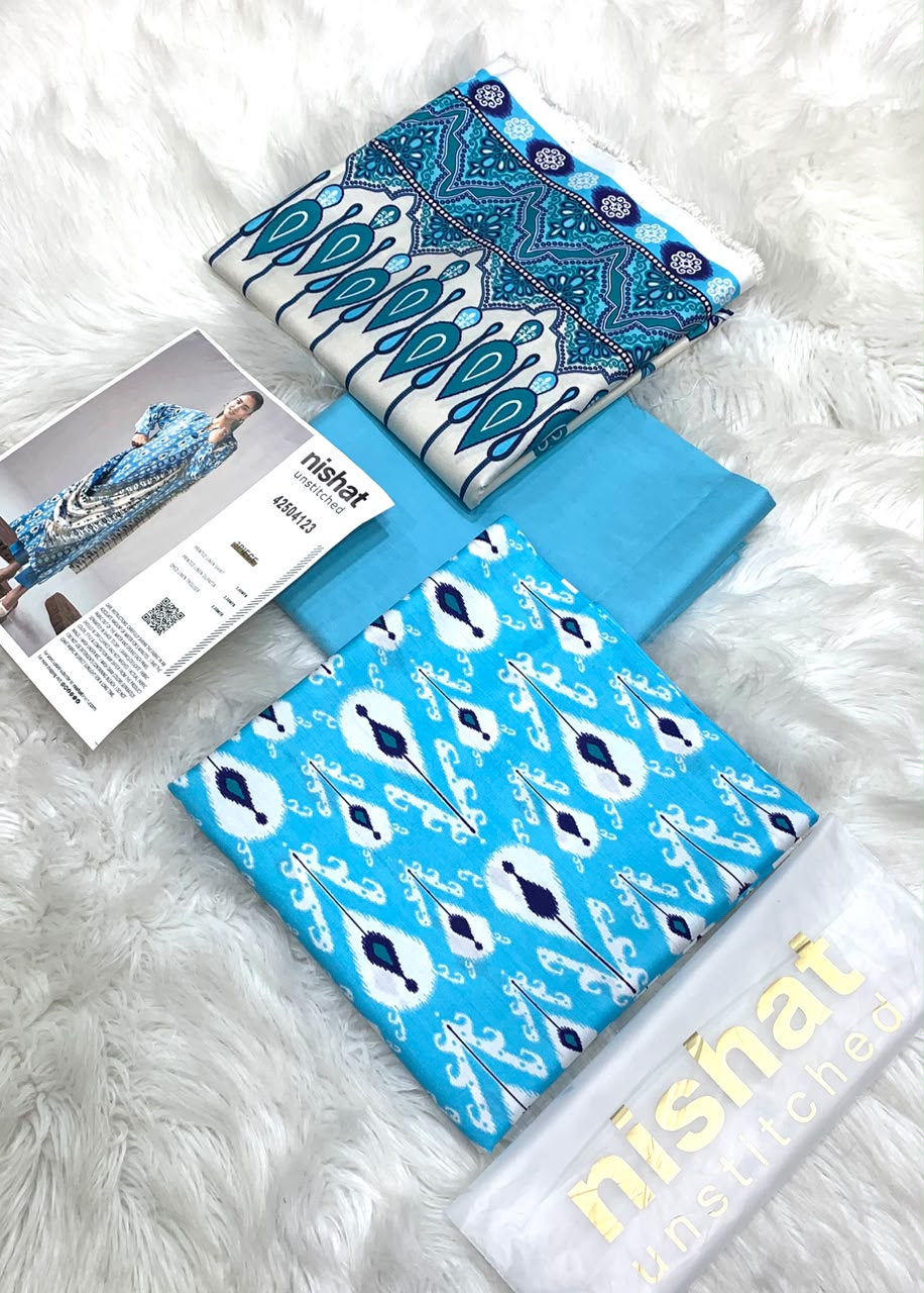 NISHAT PRINTED LINEN 3PC - SKY BLUE
