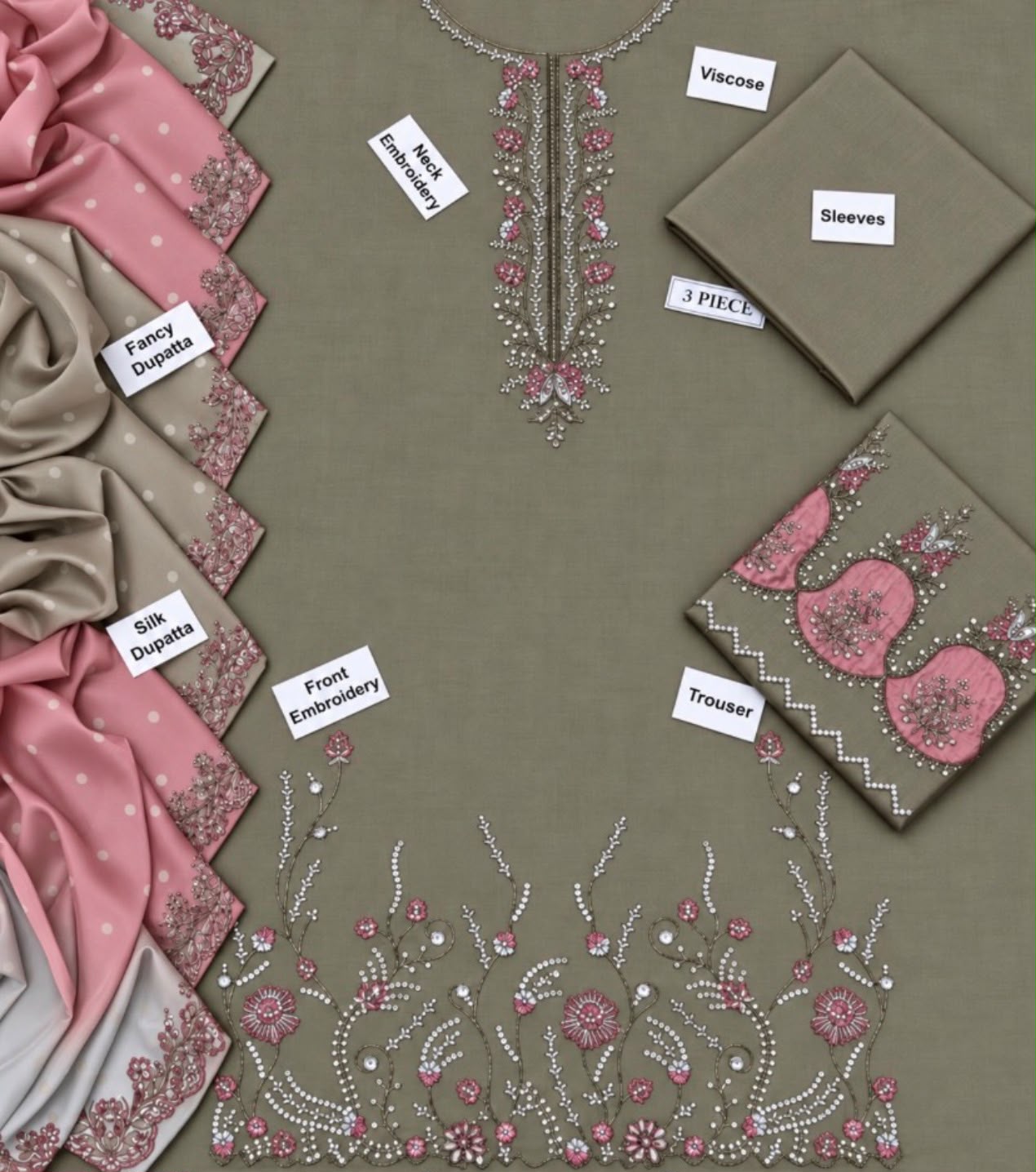 Jazmine Viscose 3pc with Silk Dupatta - Design 04