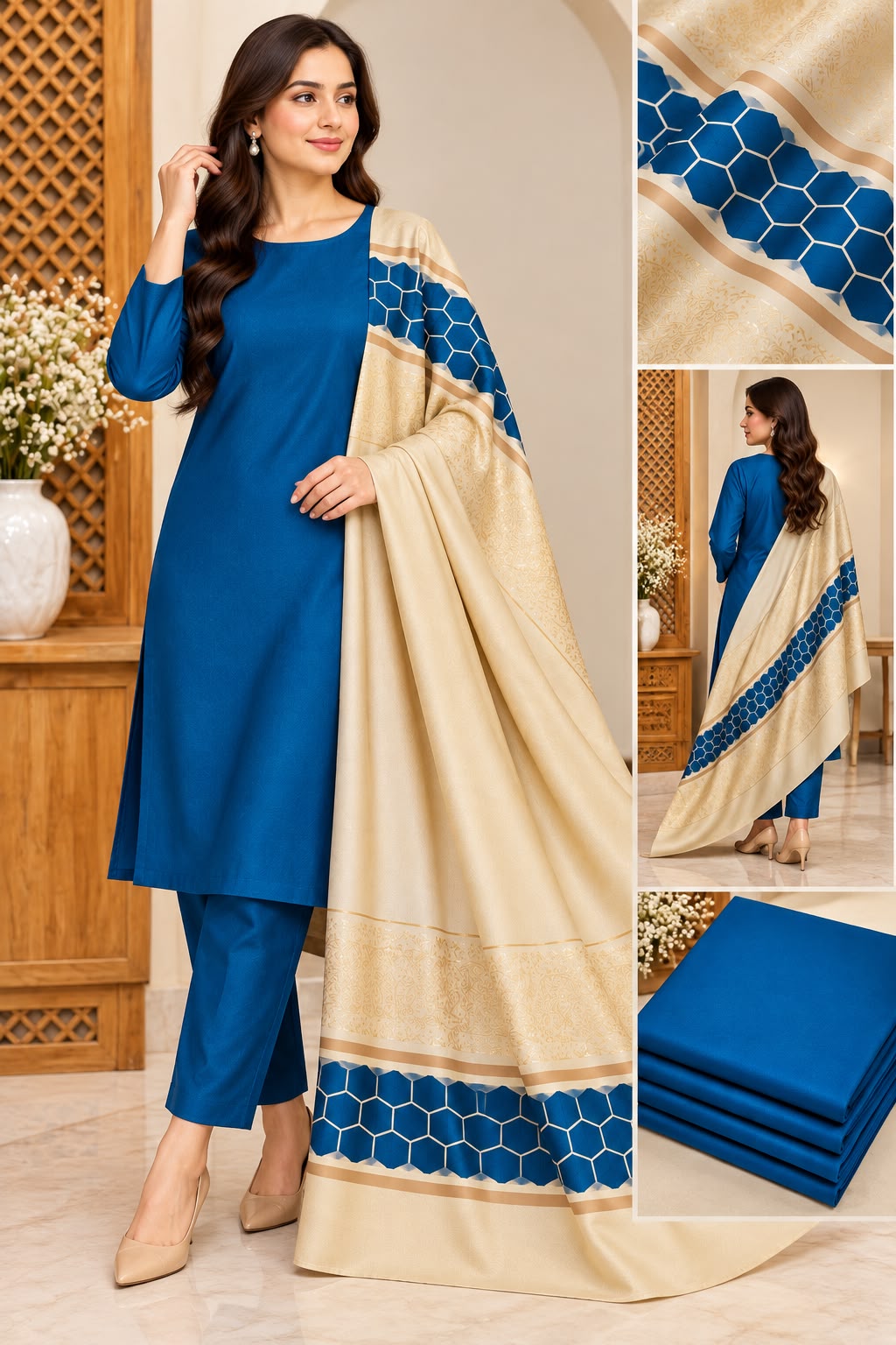 DHANAK MARINA WITH BANARSI JACQUARD PASHMINA SHAWL 3PC - BLUE