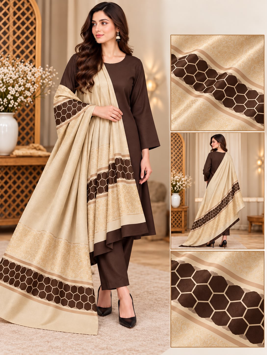 DHANAK MARINA WITH BANARSI JACQUARD PASHMINA SHAWL 3PC - BROWN