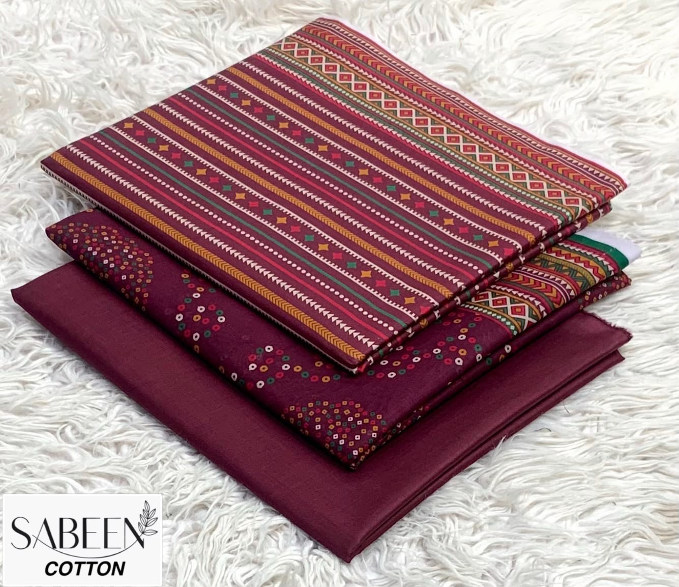 SABEEN COTTON ORIGINAL 3PC - MAROON STRIPE