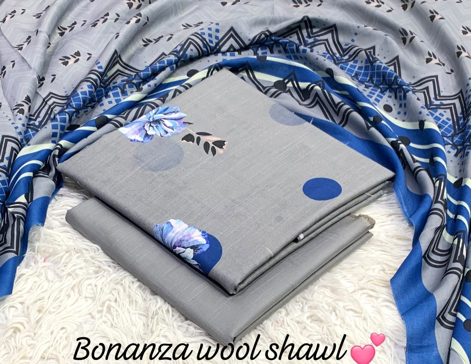 BONANZA KHADDAR WITH BUMBLE WOOL SHAWL 3PC - GREY BLUE