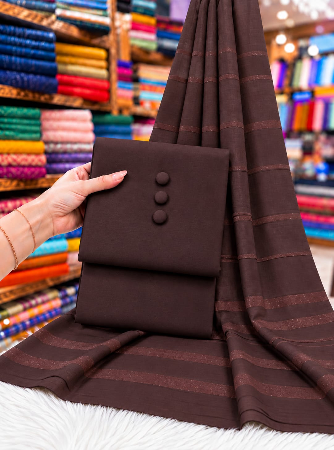 DHANAK SHAWL WITH CHAMKI VELVET STRIPS 3PC - BROWN
