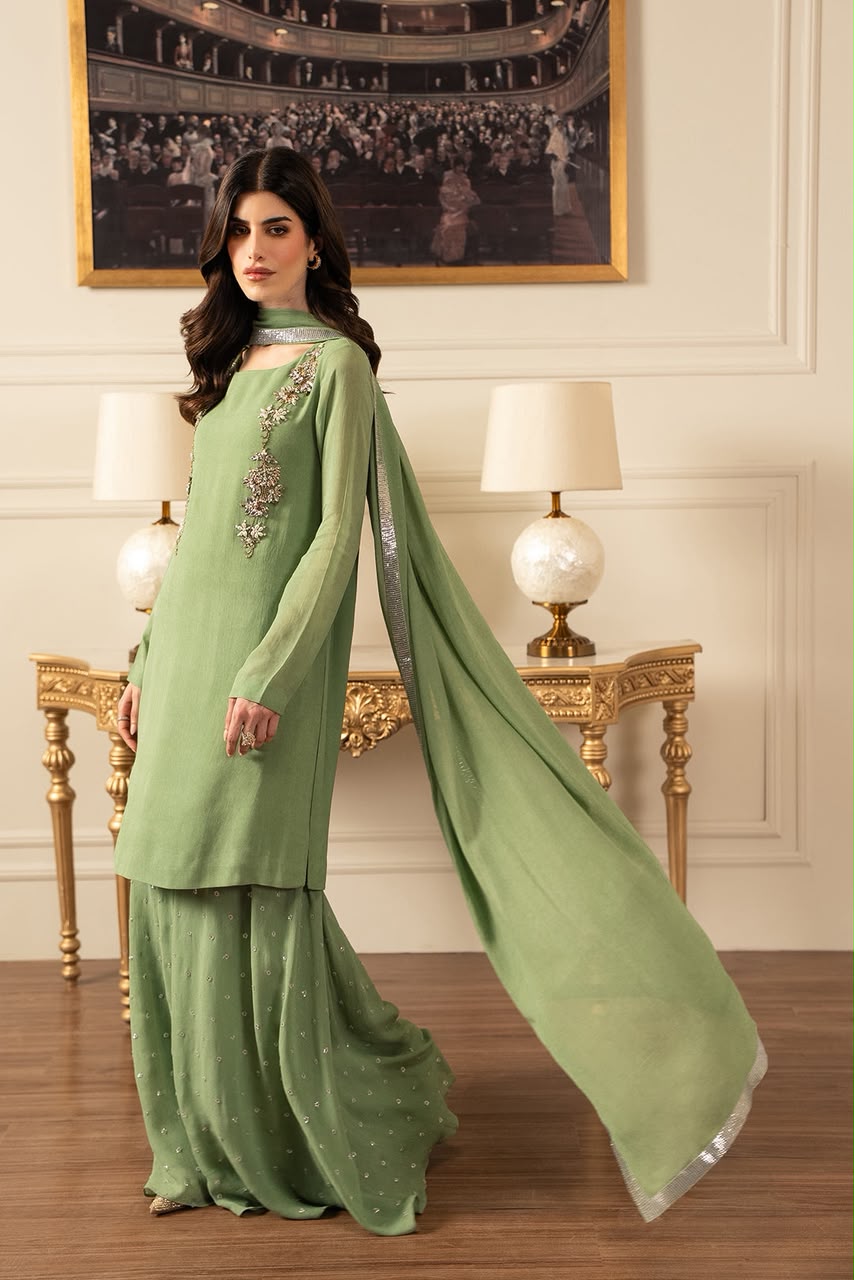 Lulusar Chiffon Lehenga with Crystal Neck Work - Design 02