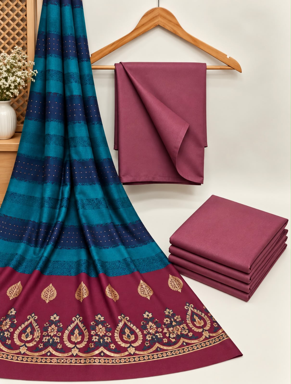 BAREEZE DHANAK 3PC WITH PASHMINA 3D WOOL SHAWL - ROSE PINK