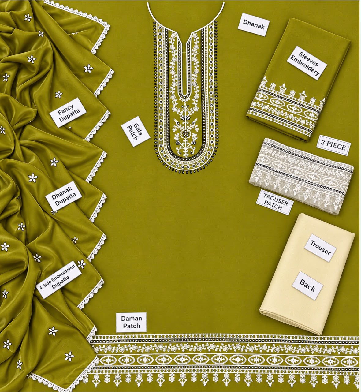 SAPPHIRE WINTER DHANAK 3PC WITH EMB DHANAK SHAWL - OLIVE GREEN