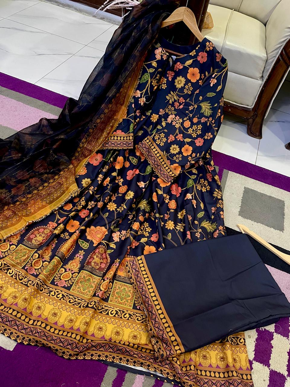 Digital Printed Doria Lawn Dori Larkan Frock 3pc - Design 05