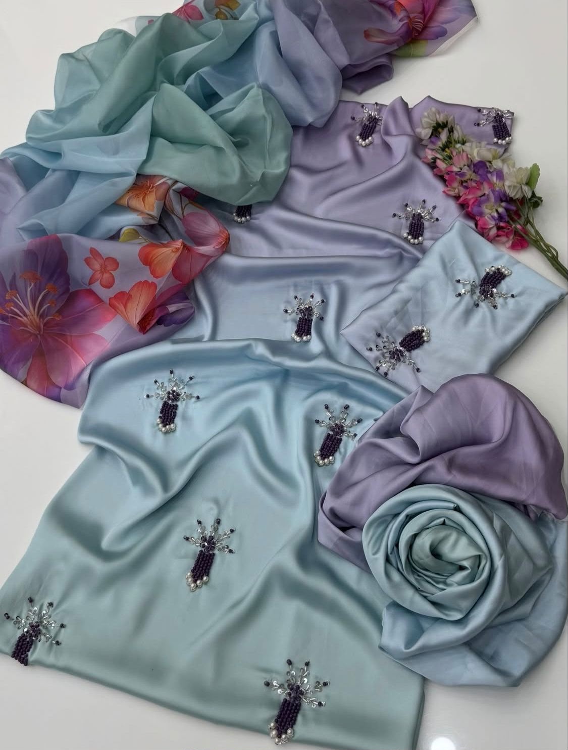SHAMOZE SILK DIGITAL TIE AND DYE 3PC PREMIUM VERSION - GREY AQUA