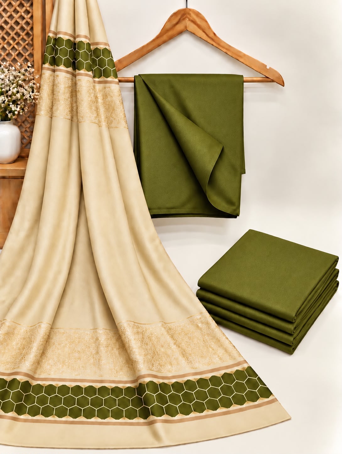 DHANAK MARINA WITH BANARSI JACQUARD PASHMINA SHAWL 3PC - OLIVE