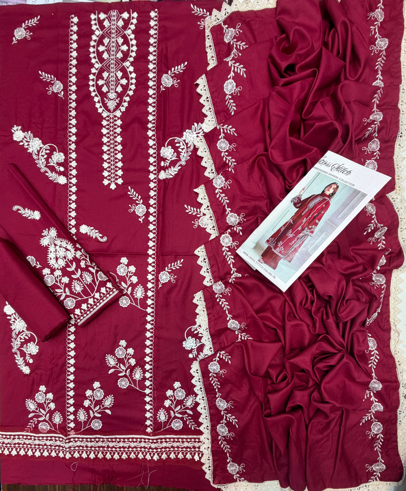 CROSS STITCH DHANAK 3PC CODE 393 WITH EMB DHANAK SHAWL - MAROON