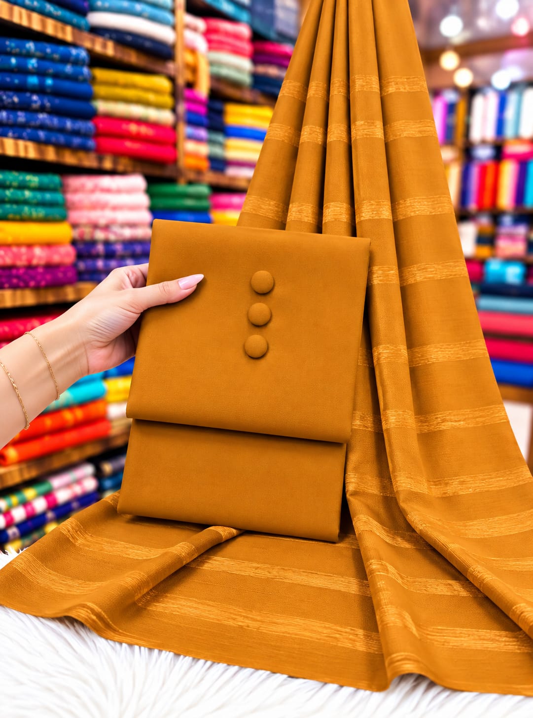 DHANAK SHAWL WITH CHAMKI VELVET STRIPS 3PC - MUSTARD