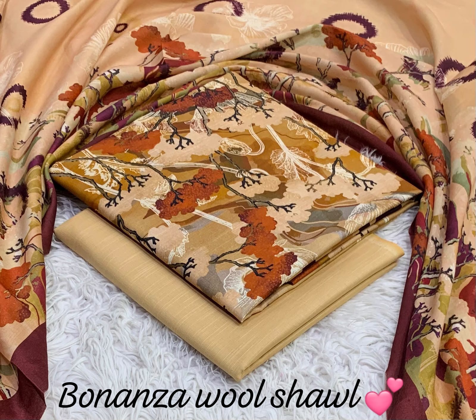 BONANZA KHADDAR WITH BUMBLE WOOL SHAWL 3PC - BEIGE RUST