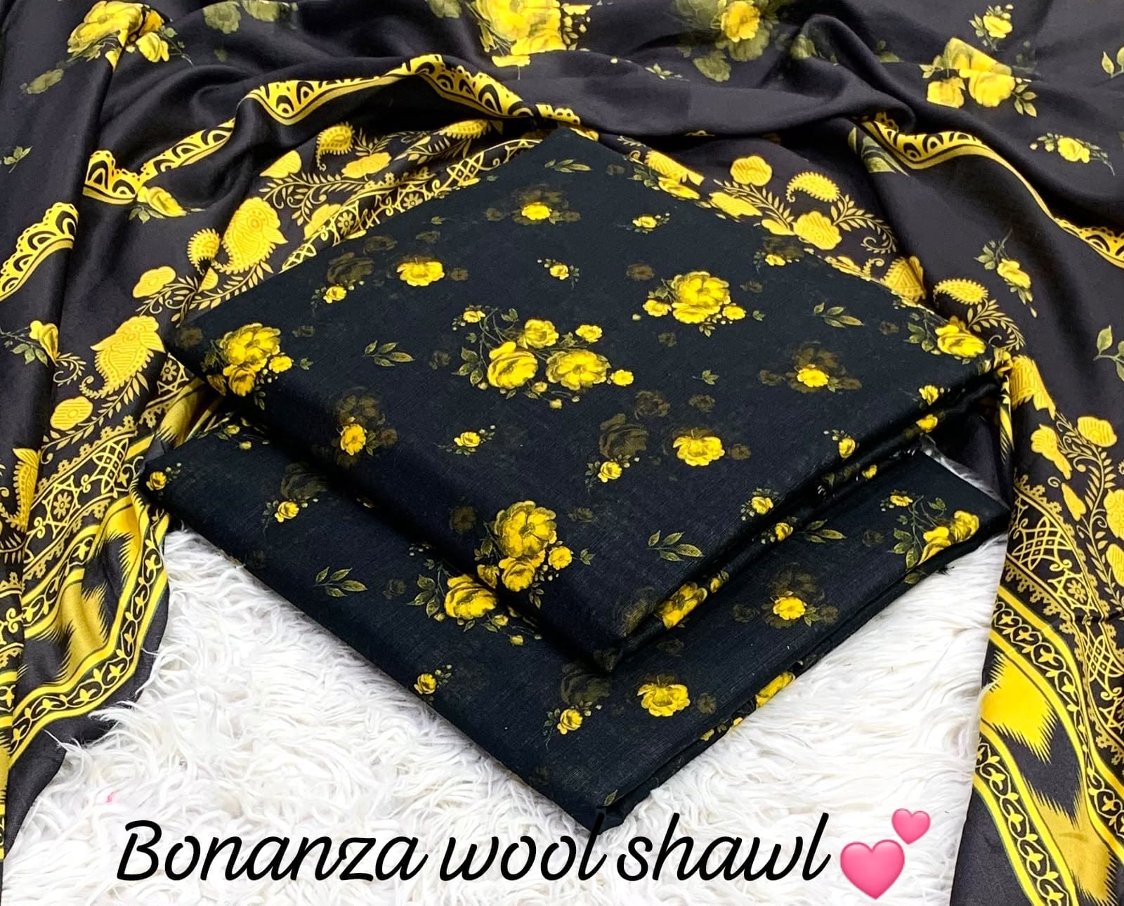 BONANZA KHADDAR WITH BUMBLE WOOL SHAWL 3PC - BLACK YELLOW