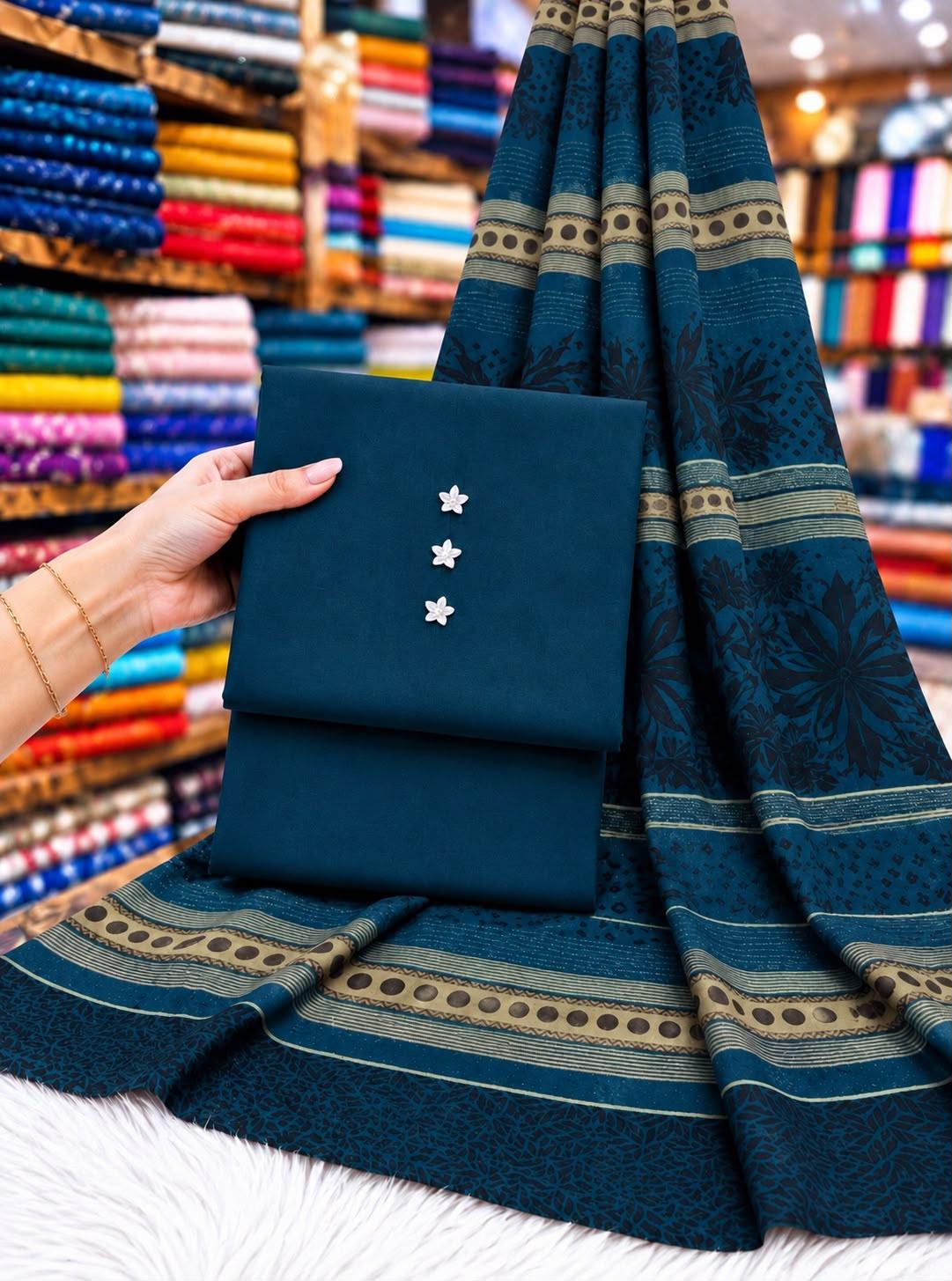 BROSHIA JACQUARD PASHMINA 3D BORDER SHAWL WITH DHANAK 3PC - BLUE