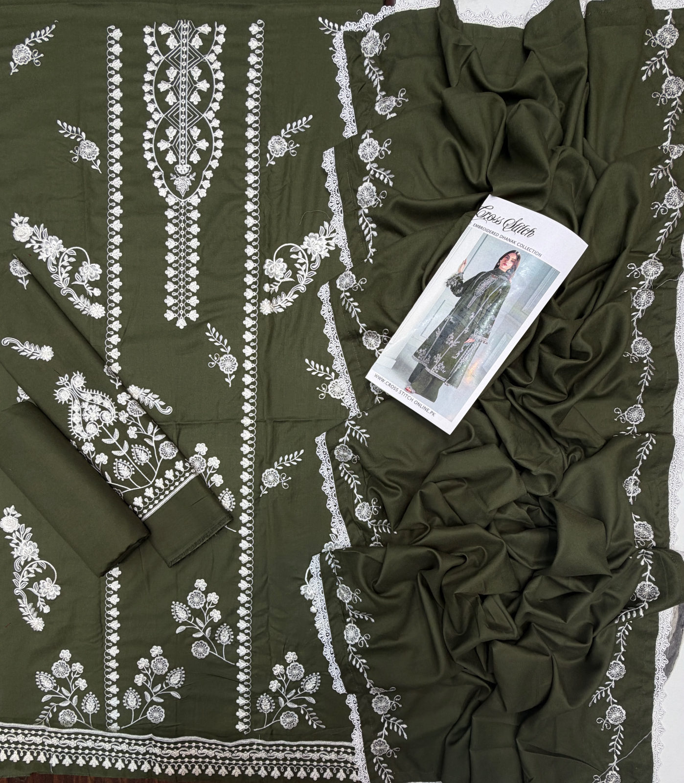 CROSS STITCH DHANAK 3PC CODE 393 WITH EMB DHANAK SHAWL - OLIVE GREEN