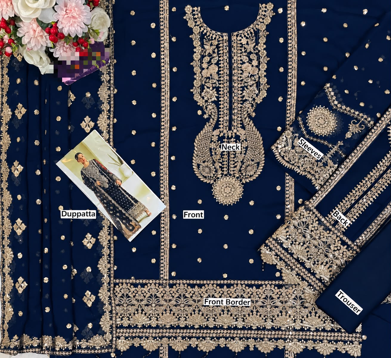 ALIZEH CHIFFON SEQUENCE 3PC PREMIUM - NAVY BLUE