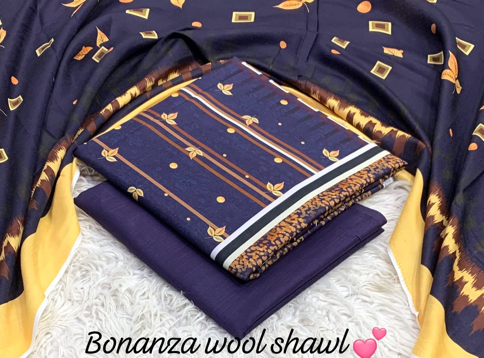 BONANZA KHADDAR WITH BUMBLE WOOL SHAWL 3PC - NAVY YELLOW