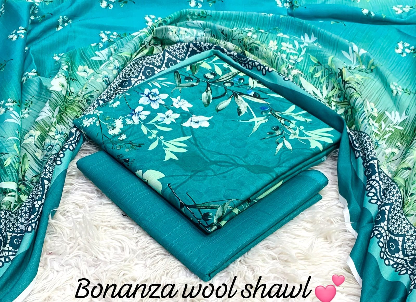 BONANZA KHADDAR WITH BUMBLE WOOL SHAWL 3PC - TURQUOISE