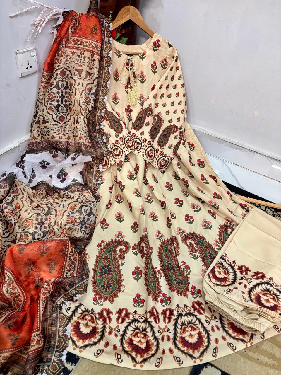 Digital Printed Doria Lawn Dori Larkan Frock 3pc - Design 03
