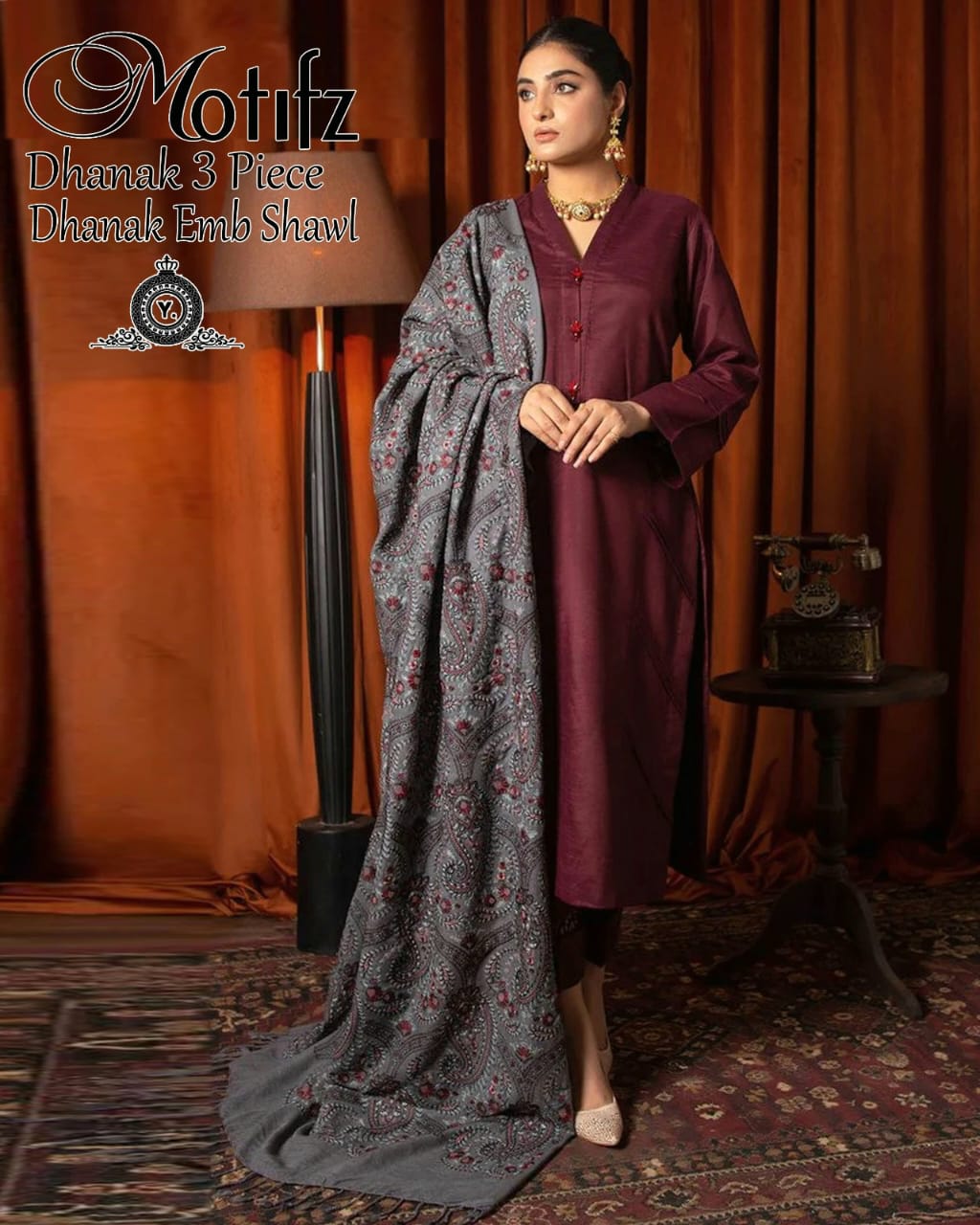 Dhanak 3pc Embroidered Suit with Embroidered Shawl - DESIGN 05