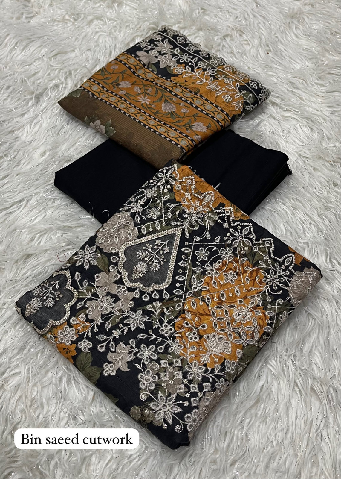 RAWAYAT BIN SAEED KHADDAR CUTWORK 3PC - BLACK MUSTARD