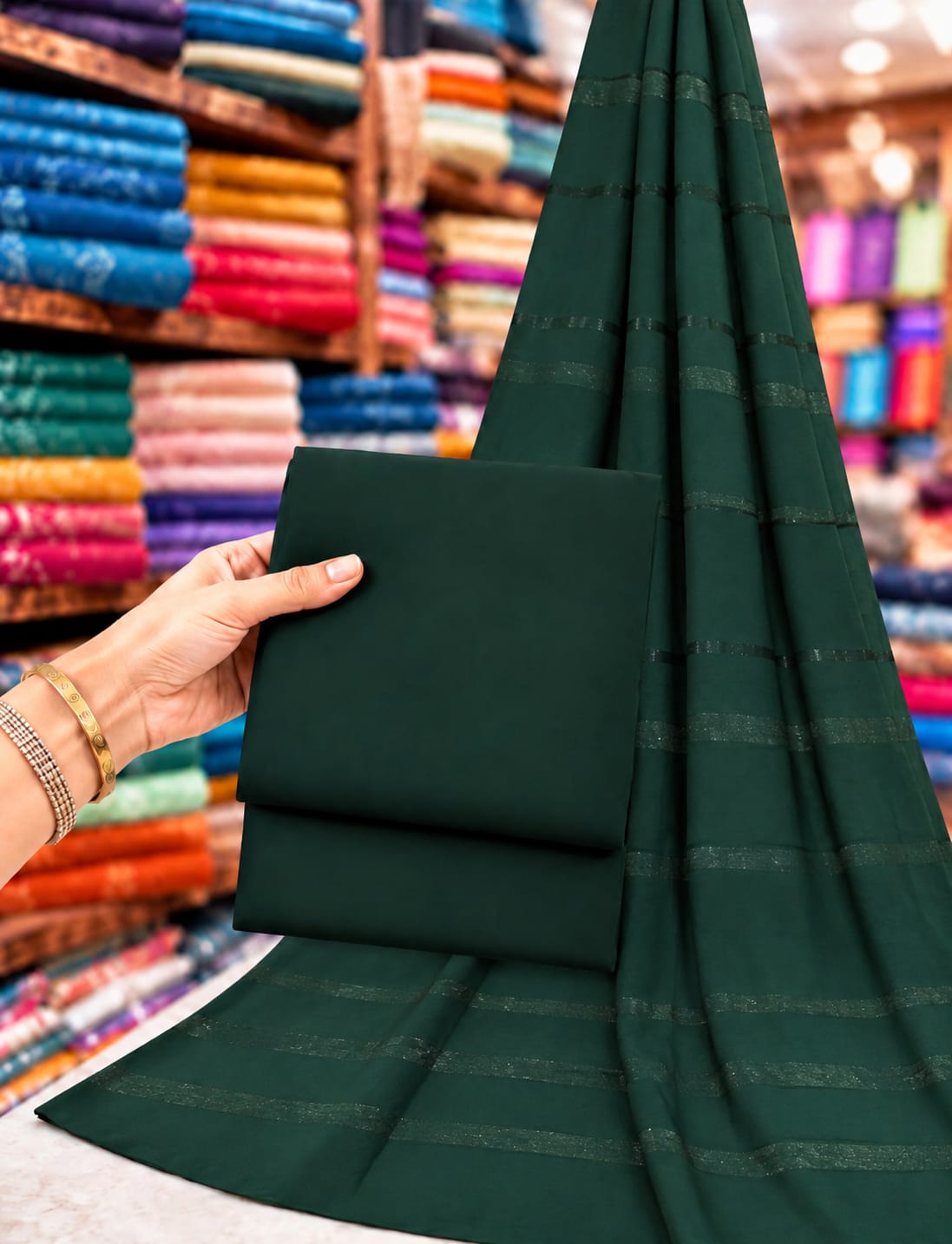 DHANAK SHAWL WITH CHAMKI VELVET STRIPS 3PC - BOTTLE GREEN