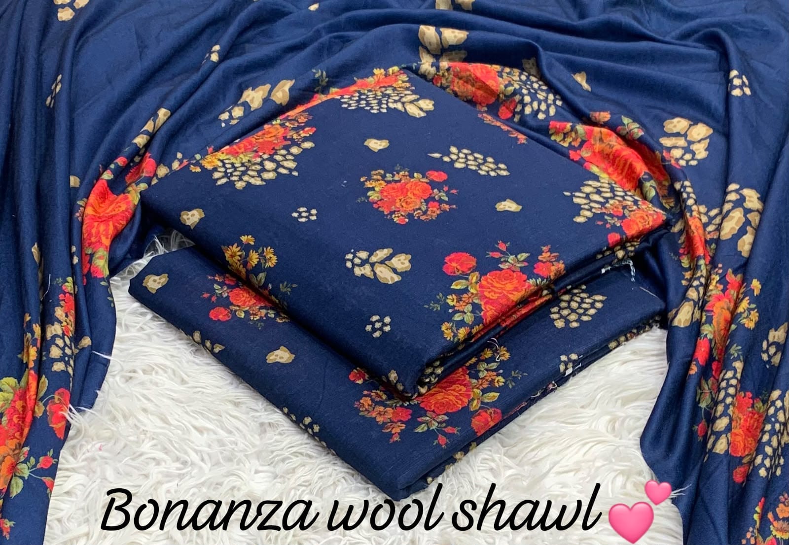 BONANZA KHADDAR WITH BUMBLE WOOL SHAWL 3PC - NAVY RED