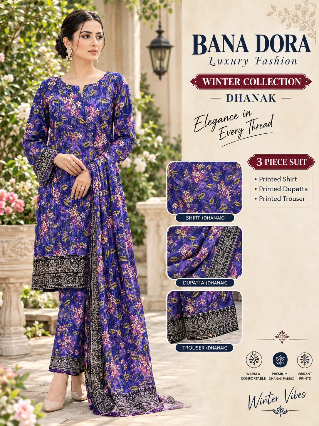 Bana Dora Dhanak Doria All Over Printed 3pc - Design 07