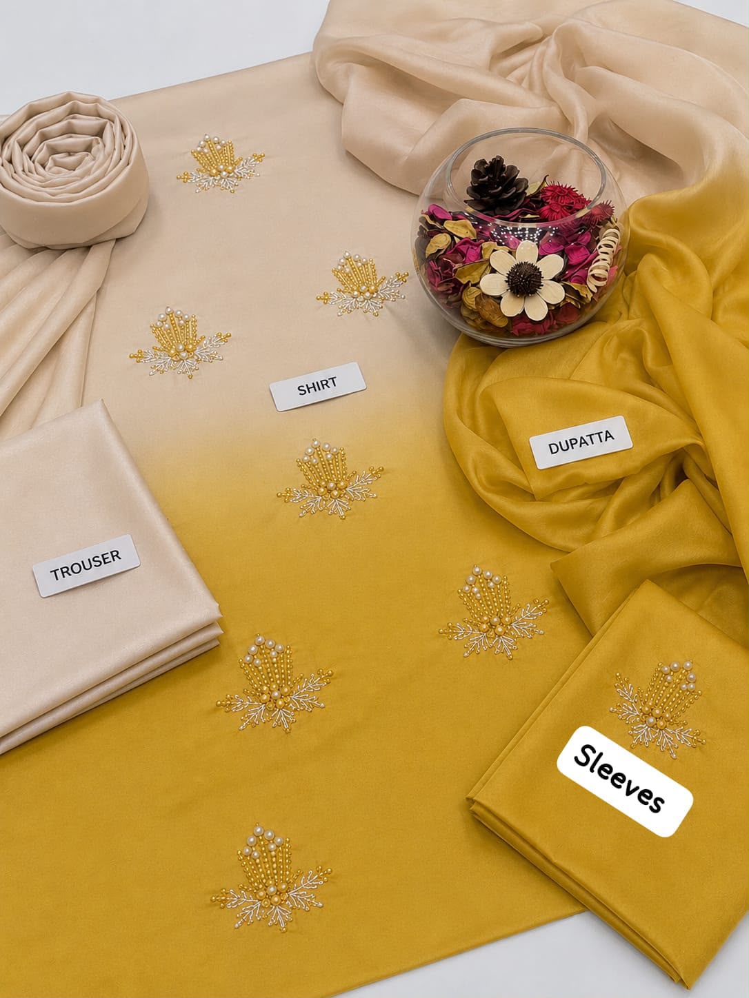 SHAMOZE SILK DIGITAL TIE AND DYE 3PC MARKET COPY - CREAM MUSTARD