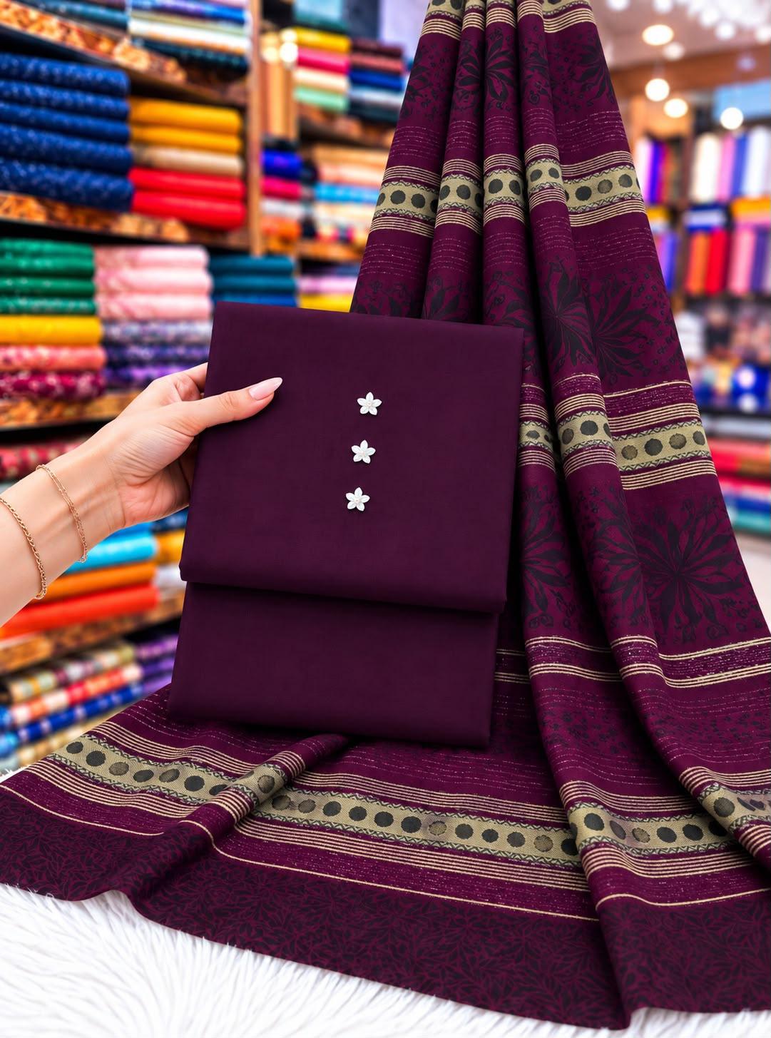 BROSHIA JACQUARD PASHMINA 3D BORDER SHAWL WITH DHANAK 3PC - PLUM